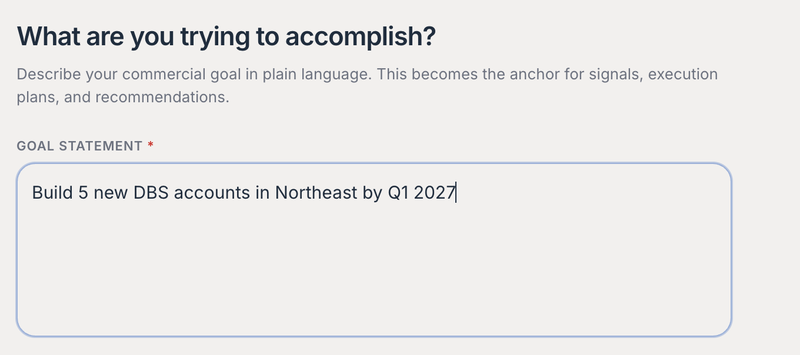RevWorx goal statement entry: Build 5 new DBS accounts in Northeast by Q1 2027